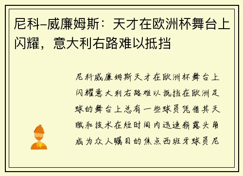 尼科-威廉姆斯：天才在欧洲杯舞台上闪耀，意大利右路难以抵挡