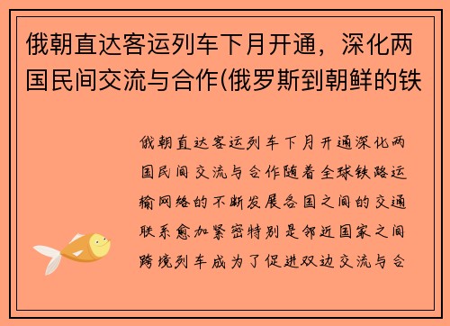 俄朝直达客运列车下月开通，深化两国民间交流与合作(俄罗斯到朝鲜的铁路)